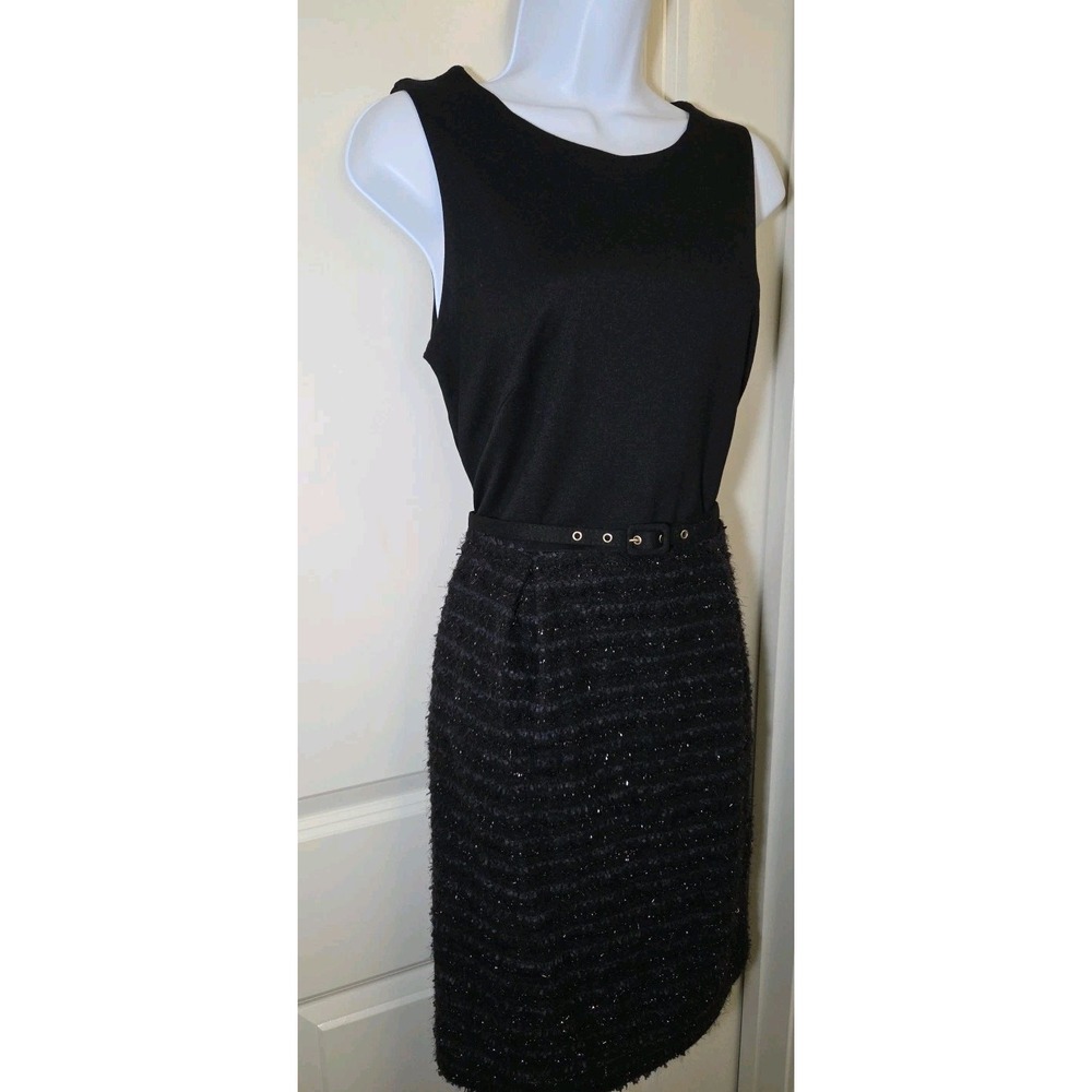 Lesley Evers Black Belted Metallic Fringey Tweed Contrast Sheath Dress Sz S - Picture 3 of 10